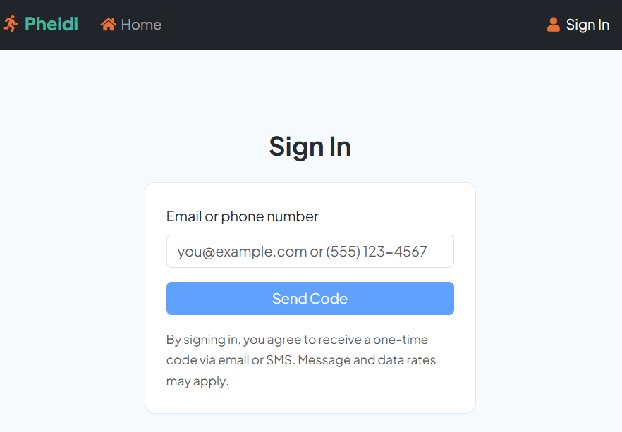 Pheidi SMS opt-in screen